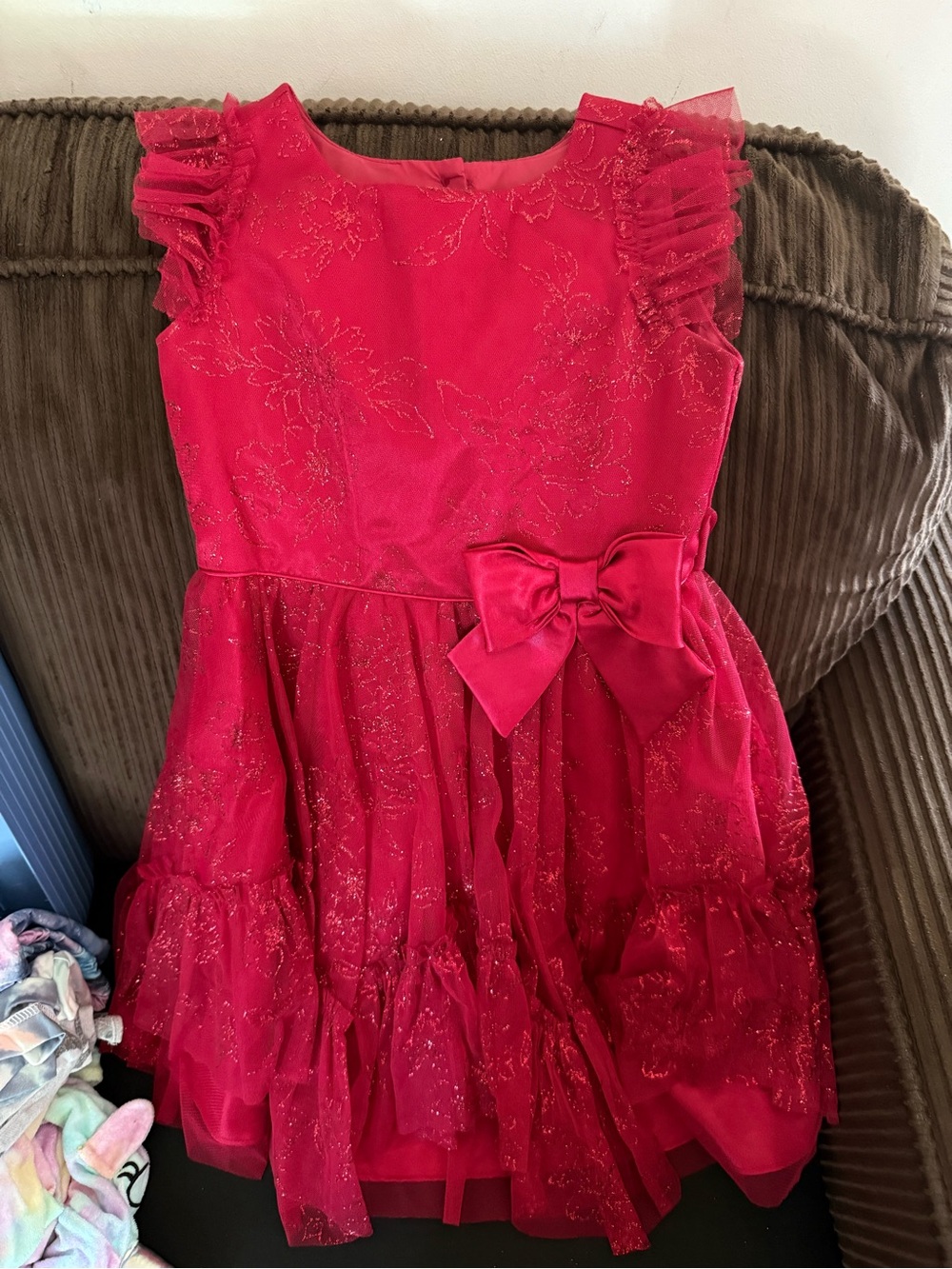 Jona Michelle Red Glitter Floral Bow Party Dress